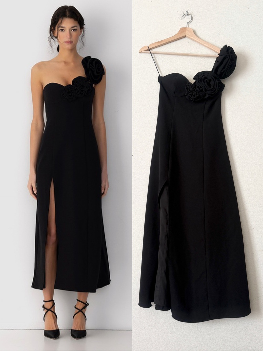 The Wolf Gang XS Flores one shoulder Rose midi dress in black